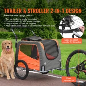 dog bike trailer, supports up to 66 lbs, 2 in 1 pet stroller cart bicycle carrier, easy folding cart frame with quick release wheels, universal bicycle coupler, reflectors, flag, orange/gray