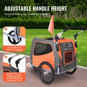 dog bike trailer, supports up to 66 lbs, 2 in 1 pet stroller cart bicycle carrier, easy folding cart frame with quick release wheels, universal bicycle coupler, reflectors, flag, orange/gray