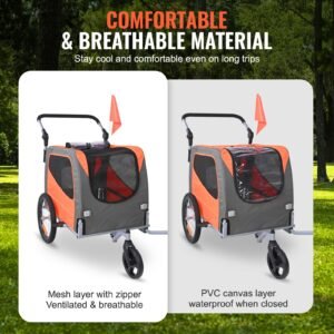dog bike trailer, supports up to 66 lbs, 2 in 1 pet stroller cart bicycle carrier, easy folding cart frame with quick release wheels, universal bicycle coupler, reflectors, flag, orange/gray