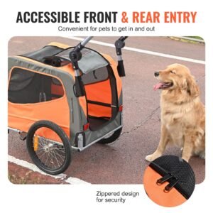 dog bike trailer, supports up to 66 lbs, 2 in 1 pet stroller cart bicycle carrier, easy folding cart frame with quick release wheels, universal bicycle coupler, reflectors, flag, orange/gray