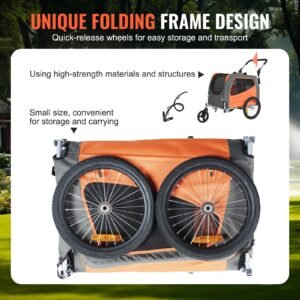 dog bike trailer, supports up to 66 lbs, 2 in 1 pet stroller cart bicycle carrier, easy folding cart frame with quick release wheels, universal bicycle coupler, reflectors, flag, orange/gray