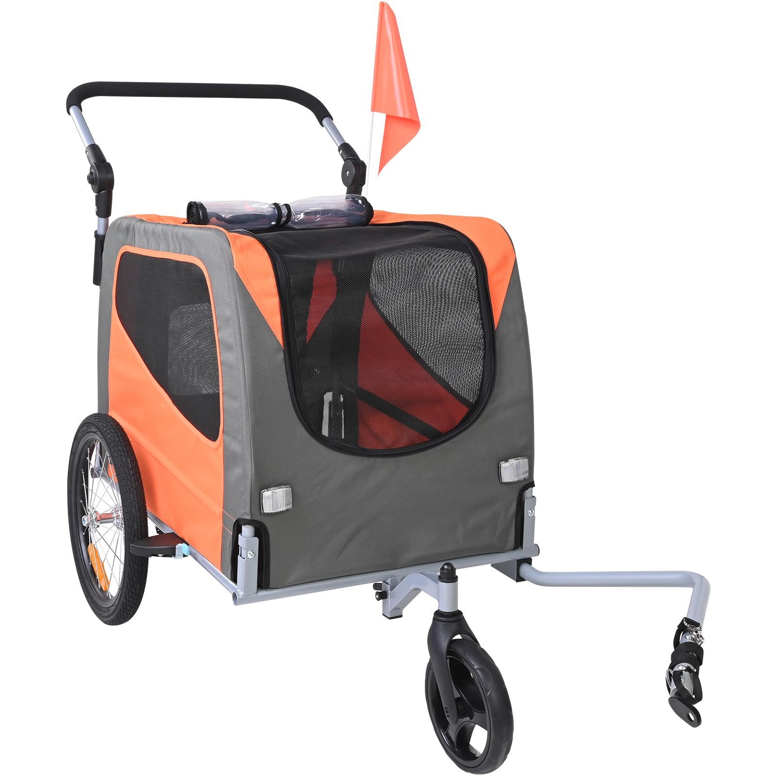dog bike trailer, supports up to 66 lbs, 2 in 1 pet stroller cart bicycle carrier, easy folding cart frame with quick release wheels, universal bicycle coupler, reflectors, flag, orange/gray