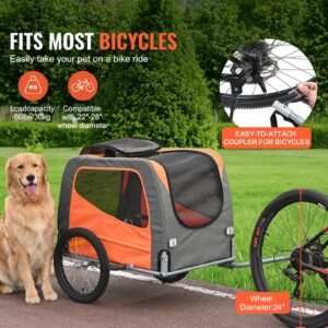 dog bike trailer, supports up to 66 lbs, pet cart bicycle carrier, easy folding frame with quick release wheels, universal bicycle coupler, reflectors, flag, collapsible to store, orange/gray