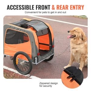 dog bike trailer, supports up to 66 lbs, pet cart bicycle carrier, easy folding frame with quick release wheels, universal bicycle coupler, reflectors, flag, collapsible to store, orange/gray