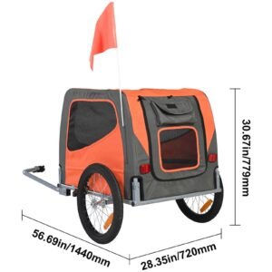 dog bike trailer, supports up to 66 lbs, pet cart bicycle carrier, easy folding frame with quick release wheels, universal bicycle coupler, reflectors, flag, collapsible to store, orange/gray