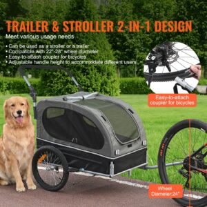dog bike trailer, supports up to 88 lbs, 2 in 1 pet stroller cart bicycle carrier, easy folding cart frame with quick release wheels, universal bicycle coupler, reflectors, flag, black/gray