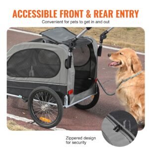 dog bike trailer, supports up to 88 lbs, 2 in 1 pet stroller cart bicycle carrier, easy folding cart frame with quick release wheels, universal bicycle coupler, reflectors, flag, black/gray