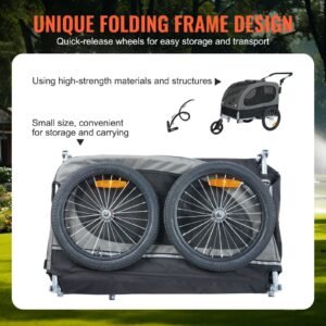 dog bike trailer, supports up to 88 lbs, 2 in 1 pet stroller cart bicycle carrier, easy folding cart frame with quick release wheels, universal bicycle coupler, reflectors, flag, black/gray