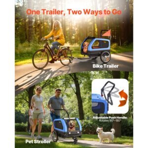 dog bike trailer, supports up to 88 lbs, 2 in 1 pet stroller cart bicycle carrier for small & large dogs, easy folding frame with quick release wheel, universal bicycle coupler, internal leash