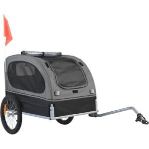 dog bike trailer, supports up to 88 lbs, pet cart bicycle carrier, easy folding frame with quick release wheels, universal bicycle coupler, reflectors, flag, collapsible to store, black/gray