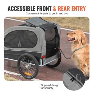 dog bike trailer, supports up to 88 lbs, pet cart bicycle carrier, easy folding frame with quick release wheels, universal bicycle coupler, reflectors, flag, collapsible to store, black/gray