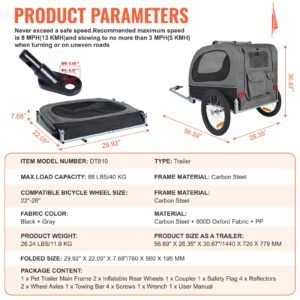 dog bike trailer, supports up to 88 lbs, pet cart bicycle carrier, easy folding frame with quick release wheels, universal bicycle coupler, reflectors, flag, collapsible to store, black/gray