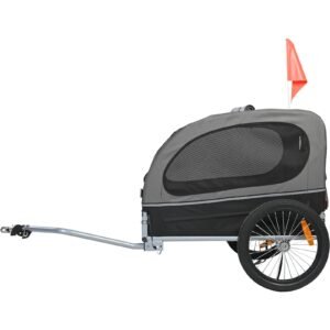 dog bike trailer, supports up to 88 lbs, pet cart bicycle carrier, easy folding frame with quick release wheels, universal bicycle coupler, reflectors, flag, collapsible to store, black/gray