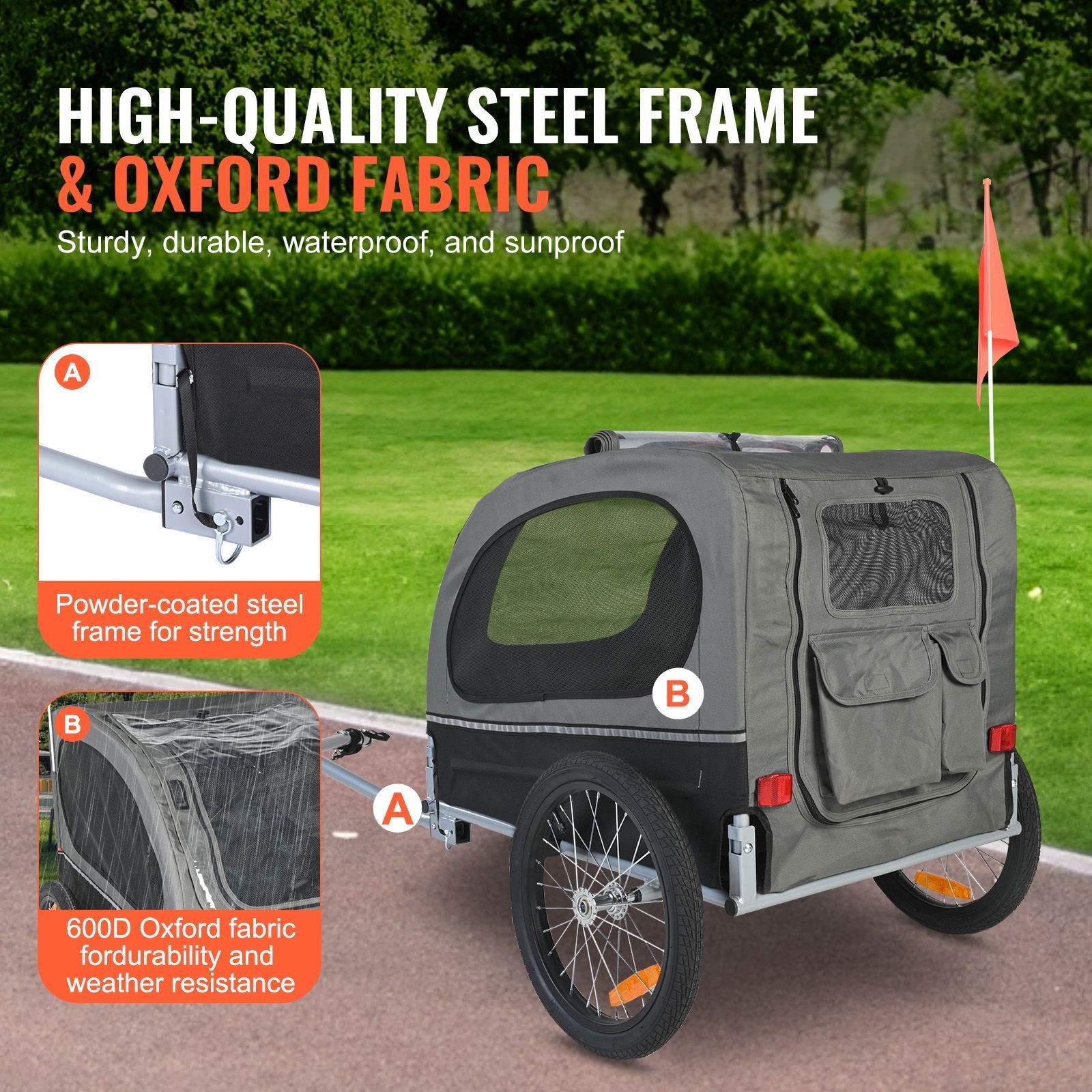 dog bike trailer, supports up to 88 lbs, pet cart bicycle carrier, easy folding frame with quick release wheels, universal bicycle coupler, reflectors, flag, collapsible to store, black/gray