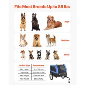 dog bike trailer, supports up to 88 lbs, pet cart bicycle carrier for small & large dogs, easy folding frame with quick release wheel, universal bicycle coupler, reflector, flag, internal leash