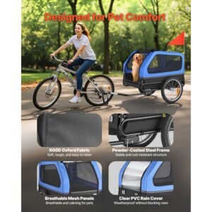 dog bike trailer, supports up to 88 lbs, pet cart bicycle carrier for small & large dogs, easy folding frame with quick release wheel, universal bicycle coupler, reflector, flag, internal leash