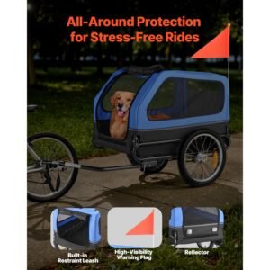 dog bike trailer, supports up to 88 lbs, pet cart bicycle carrier for small & large dogs, easy folding frame with quick release wheel, universal bicycle coupler, reflector, flag, internal leash