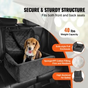 dog car seat, dog booster seat for car with a storage pocket, clip on safety leash, sponge and pp cotton filling, dog car bed for small & medium dog up to 40lbs, black