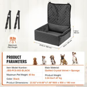 dog car seat, dog booster seat for car with a storage pocket, clip on safety leash, sponge and pp cotton filling, dog car bed for small & medium dog up to 40lbs, black