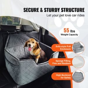 dog car seat, dog booster seat for car with a storage pocket, pet car seat with clip on safety leash, sponge filling, dog car bed for medium & large dog up to 55 lbs, gray
