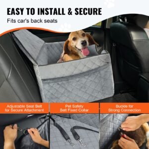 dog car seat, dog booster seat for car with a storage pocket, pet car seat with clip on safety leash, sponge filling, dog car bed for medium & large dog up to 55 lbs, gray