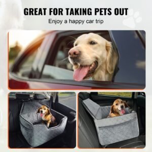 dog car seat, dog booster seat for car with a storage pocket, pet car seat with clip on safety leash, sponge filling, dog car bed for medium & large dog up to 55 lbs, gray