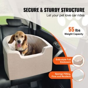 dog car seat, waterproof dog booster seat for car with a storage pocket, clip on safety leash and sponge filling, dog car bed for small & medium dog up to 55lbs, brown