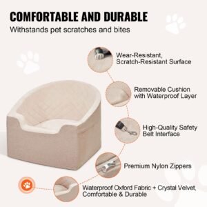 dog car seat, waterproof dog booster seat for car with a storage pocket, clip on safety leash and sponge filling, dog car bed for small & medium dog up to 55lbs, brown