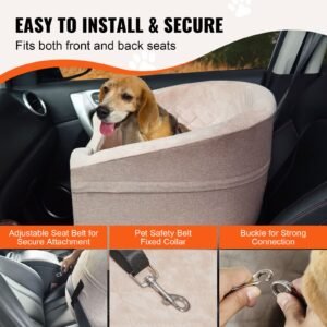 dog car seat, waterproof dog booster seat for car with a storage pocket, clip on safety leash and sponge filling, dog car bed for small & medium dog up to 55lbs, brown