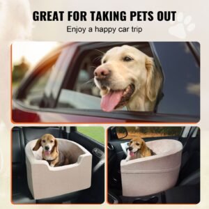dog car seat, waterproof dog booster seat for car with a storage pocket, clip on safety leash and sponge filling, dog car bed for small & medium dog up to 55lbs, brown