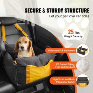 dog car seat, waterproof dog booster seat for car with side handles and a storage pocket, clip on safety leash and pp cotton filling, dog car bed for small dog up to 25lbs, black