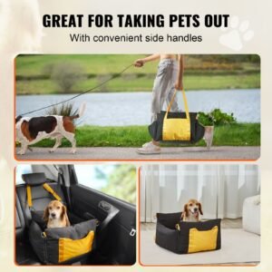 dog car seat, waterproof dog booster seat for car with side handles and a storage pocket, clip on safety leash and pp cotton filling, dog car bed for small dog up to 25lbs, black