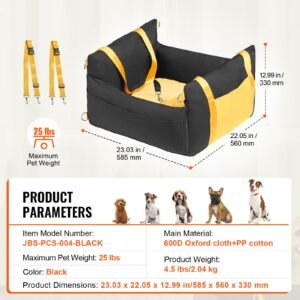 dog car seat, waterproof dog booster seat for car with side handles and a storage pocket, clip on safety leash and pp cotton filling, dog car bed for small dog up to 25lbs, black