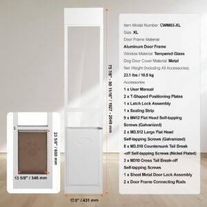 dog door for sliding glass door, 75 7/8" 80 11/16" adjustable height doggy door for sliding doors, aluminum frame tempered glass pet door with hinge structure flap and lock for large sized dogs