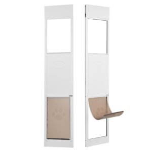 dog door for sliding glass door, 75 7/8" 80 11/16" adjustable height doggy door for sliding doors, aluminum frame tempered glass pet door with hinge structure flap and lock for large sized dogs