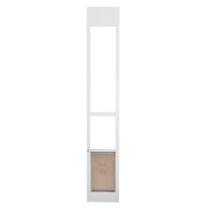 dog door for sliding glass door, 75 7/8" 80 11/16" adjustable height doggy door for sliding doors, aluminum frame tempered glass pet door with hinge structure flap and lock for medium sized dogs
