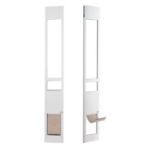 dog door for sliding glass door, 75 7/8" 80 11/16" adjustable height doggy door for sliding doors, aluminum frame tempered glass pet door with hinge structure flap and lock for small sized dogs