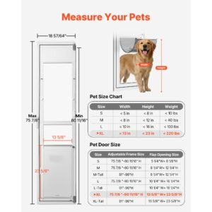 dog door for sliding glass door, 75 7/8" to 80 11/16" adjustable height, aluminum alloy frame with flap and lock, for extra large sized dogs, 180° swing open sliding glass pet doors for renters