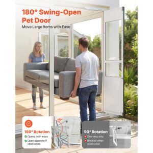 dog door for sliding glass door, 75 7/8" to 80 11/16" adjustable height, aluminum alloy frame with flap and lock, for extra large sized dogs, 180° swing open sliding glass pet doors for renters