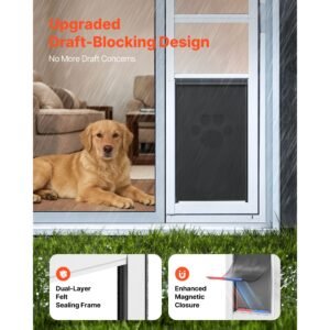 dog door for sliding glass door, 75 7/8" to 80 11/16" adjustable height, aluminum alloy frame with flap and lock, for extra large sized dogs, 180° swing open sliding glass pet doors for renters