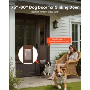 dog door for sliding glass door, 75 7/8 to 80 11/16 in adjustable height, aluminum alloy frame with rotating hinges, lock design, 10 1/4 x 16 1/4 in flap, sliding glass pet door for renters