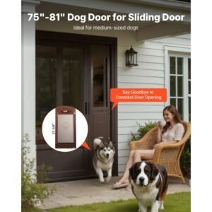 dog door for sliding glass door, 75 7/8 to 80 11/16 in adjustable height, aluminum alloy frame with rotating hinges, lock design, 13 5/8 x 23 5/8 in flap, sliding glass pet door for renters