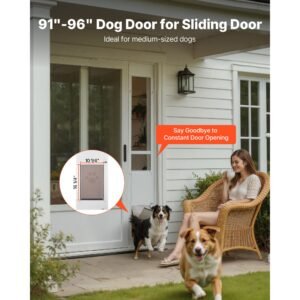dog door for sliding glass door, 91 to 96 in adjustable height, aluminum alloy frame with metal rotating hinges, lock design, 10 1/4 x 16 1/4 in flap, sliding glass pet door for renters
