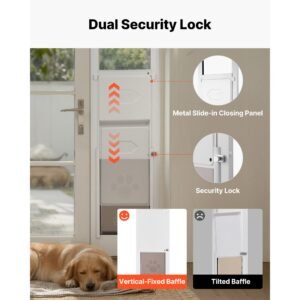 dog door for sliding glass door, 91 to 96 in adjustable height, aluminum alloy frame with metal rotating hinges, lock design, 10 1/4 x 16 1/4 in flap, sliding glass pet door for renters