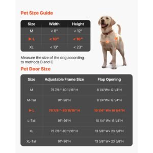 dog door for sliding glass door, 91 to 96 in adjustable height, aluminum alloy frame with metal rotating hinges, lock design, 10 1/4 x 16 1/4 in flap, sliding glass pet door for renters