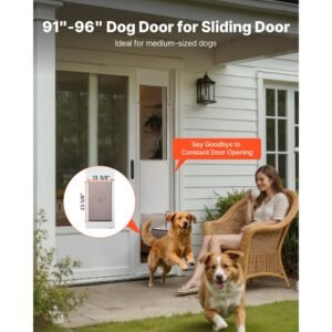 dog door for sliding glass door, 91 to 96 in adjustable height, aluminum alloy frame with metal rotating hinges, lock design, 13 5/8 x 23 5/8 in flap, sliding glass pet door for renters