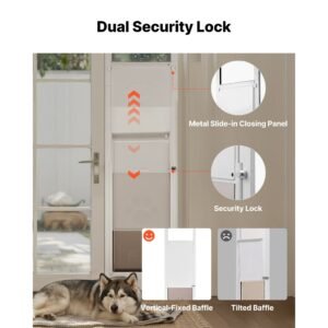 dog door for sliding glass door, 91 to 96 in adjustable height, aluminum alloy frame with metal rotating hinges, lock design, 13 5/8 x 23 5/8 in flap, sliding glass pet door for renters