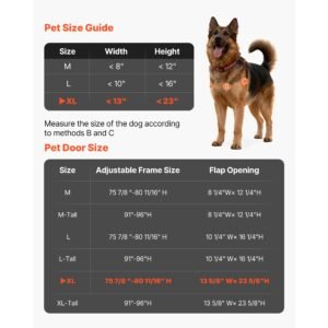 dog door for sliding glass door, 91 to 96 in adjustable height, aluminum alloy frame with metal rotating hinges, lock design, 13 5/8 x 23 5/8 in flap, sliding glass pet door for renters