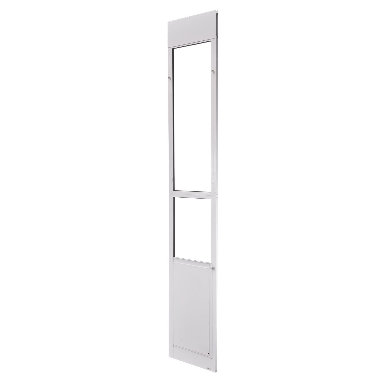 dog door for sliding glass door, 91 to 96 in adjustable height, aluminum alloy frame with metal rotating hinges, lock design, 13 5/8 x 23 5/8 in flap, sliding glass pet door for renters