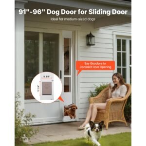 dog door for sliding glass door, 91 to 96 in adjustable height, aluminum alloy frame with metal rotating hinges, lock design, 8 1/4 x 12 1/4 in flap, sliding glass pet door for renters